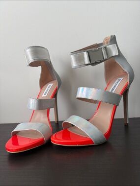 Steve Madden Iridescent Strap High Heels with Bright Orange Footbed